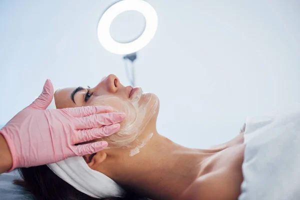 Close View Woman Lying Spa Salon Have Face Cleaning Procedure — Stock Photo, Image