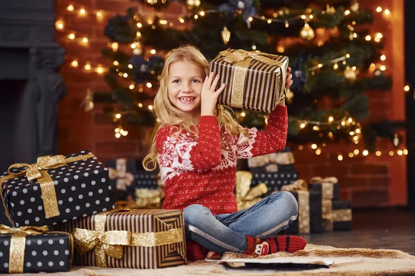 Cute Little Girl Gift Boxes Indoors Celebrating New Year Christmas — Stock Photo, Image