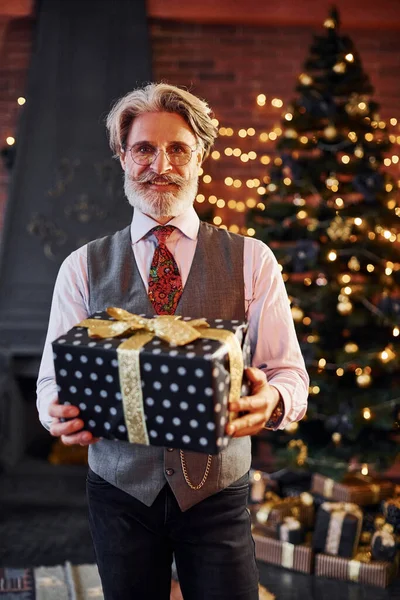 Gri saçlı, sakallı, ceketli ve beyaz gömlekli son sınıf öğrencisinin portresi süslü Noel odasında..