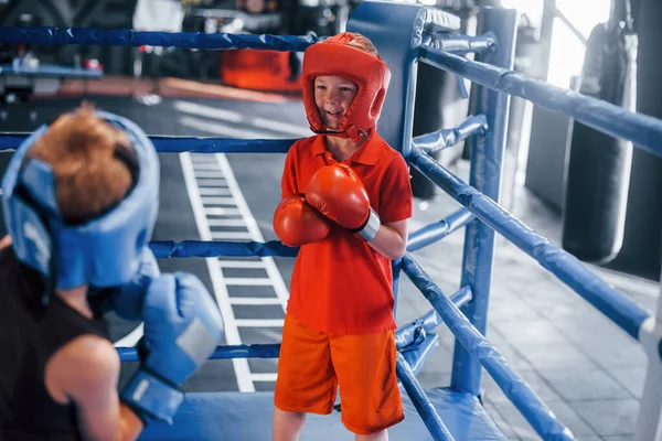 Dos Chicos Equipo Protección Tienen Combate Lucha Ring Boxeo —  Fotos de Stock
