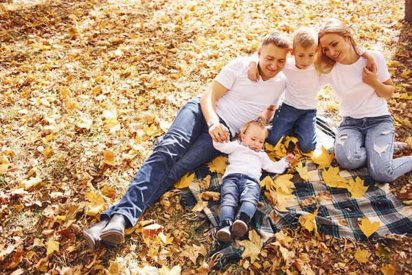 Top View Cheerful Young Family Have Rest Autumn Park Together — Stock Photo, Image