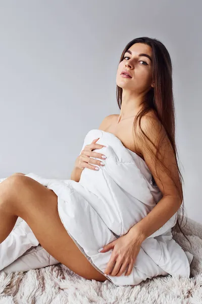 Woman Underwear Sits Studio White Background — Stock Photo, Image