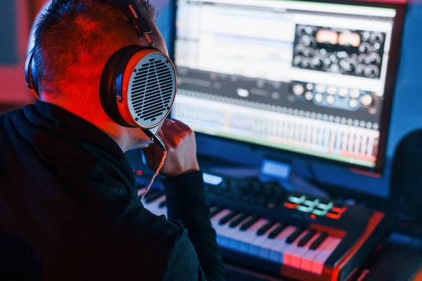 Guy Have Job Project Mixing Music Indoors Studio — Stock Photo, Image