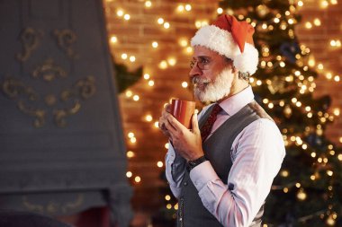 Gri saçlı ve sakallı son sınıf öğrencisinin portresi süslü Noel odasında bir bardak içkiyle duruyor..