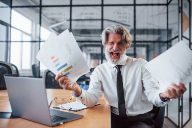 Resmi giysiler içinde gri saçlı ve sakallı olgun bir işadamı büroda elinde belgelerle bekliyor..