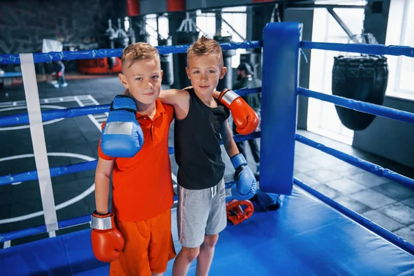 Retrato Dois Meninos Luvas Proteção Juntos Ringue Boxe — Fotografia de Stock