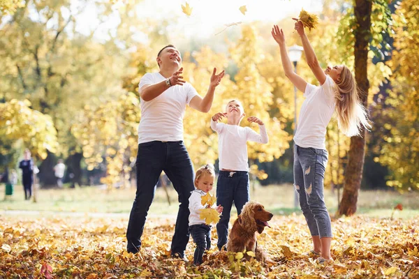 Vrolijke Jonge Familie Maken Samen Een Wandeling Een Herfstpark — Stockfoto