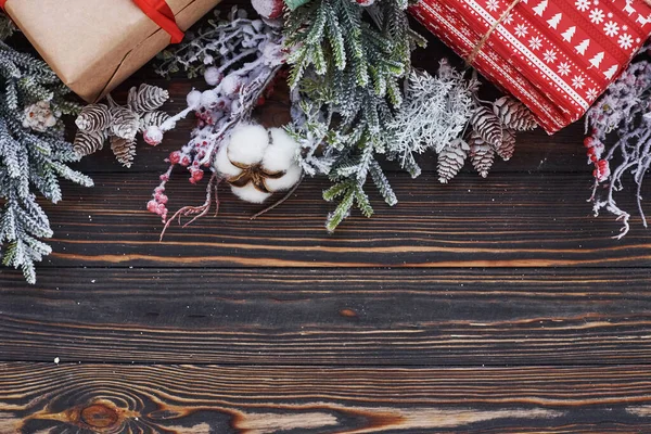 Belas Caixas Presente Vista Superior Quadro Festivo Natal Com Decorações — Fotografia de Stock