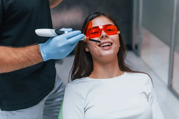 Beautiful Woman Red Protective Glasses Have Visit Dentist Clinic Conception — Stock Photo, Image