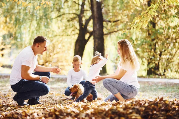 Familia Alegre Joven Descansan Juntos Parque Otoñal —  Fotos de Stock