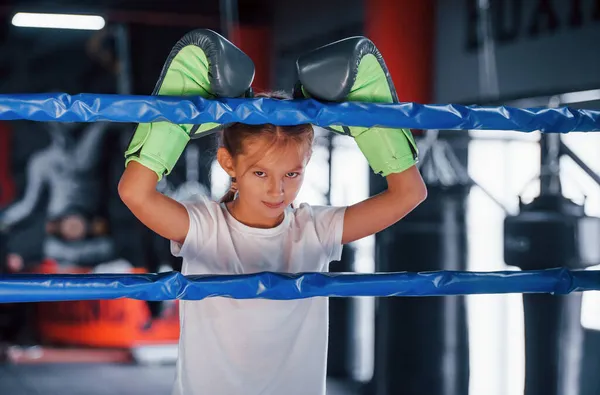 Boxing Ring Young Little Girl Sportive Wear Gym Have Exercise — Stock Photo, Image