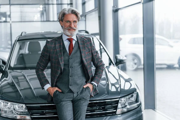 Hombre Negocios Senior Traje Corbata Con Pelo Gris Barba Pie —  Fotos de Stock