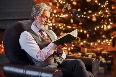 Süslü Noel odasında gri saçlı ve sakallı bir son sınıf öğrencisinin portresi..