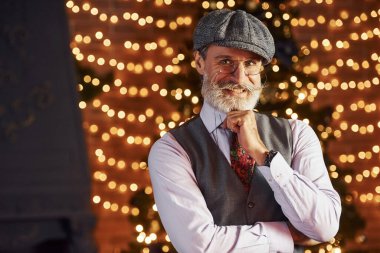 Gri saçlı, sakallı, ceketli ve beyaz gömlekli son sınıf öğrencisinin portresi süslü Noel odasında..