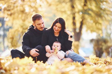 Neşeli aile yerde oturur ve çocuklarıyla birlikte güzel bir sonbahar parkında eğlenirler..