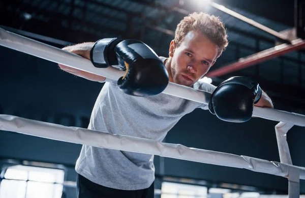 Tired Young Man White Shirt Protective Gloves Leaning Knots Boxing — Stock Photo, Image