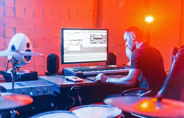 Guy Have Job Project Mixing Music Indoors Studio — Stock Photo, Image