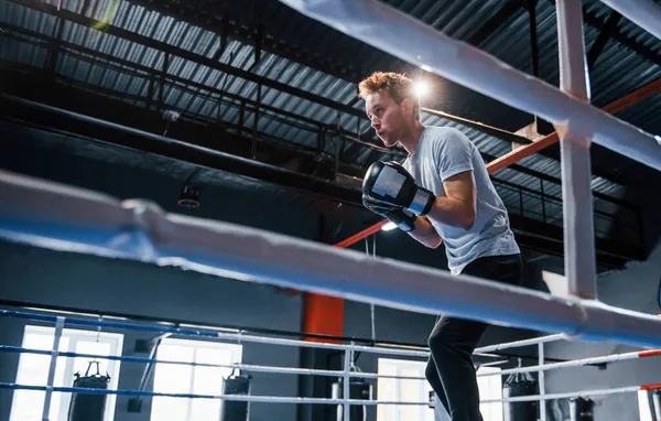 Jovem Camisa Branca Luvas Proteção Fazendo Exercícios Ringue Boxe — Fotografia de Stock