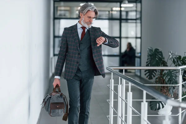 Senior Businessman Suit Tie Gray Hair Beard Walking Indoors Bag — Stock Photo, Image