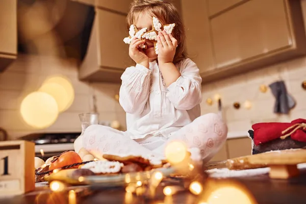 Cute Little Girl Sitting Have Fun Kitchen Food — Stock Photo, Image