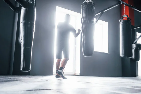 Man Sportive Clothes Training Boxing Gym Pushing Bags Illuminated Light — Stock Photo, Image