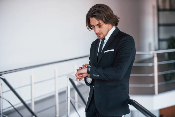 Checking Time Portrait Handsome Young Businessman Black Suit Tie — Stock Photo, Image