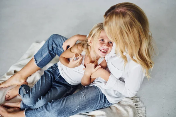 Mother Her Daughter Together Ground Studio White Background — Stock Photo, Image