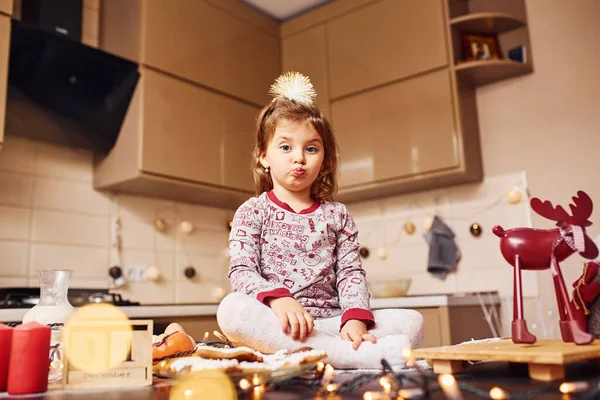 Cute Little Girl Sitting Have Fun Kitchen Food — Stock Photo, Image