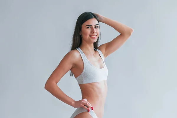 Young Beautiful Brunette Underwear Indoors Studio White Background — Stock Photo, Image