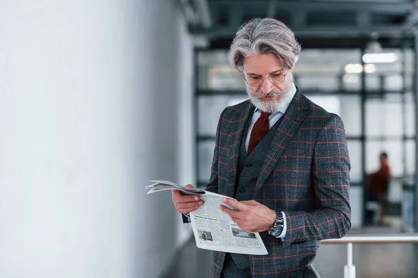 Hombre Negocios Senior Traje Corbata Con Pelo Gris Barba Sostiene —  Fotos de Stock