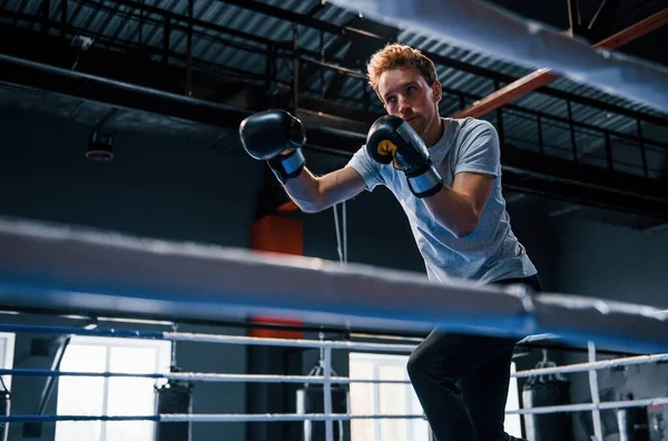 Jovem Camisa Branca Luvas Proteção Fazendo Exercícios Ringue Boxe — Fotografia de Stock