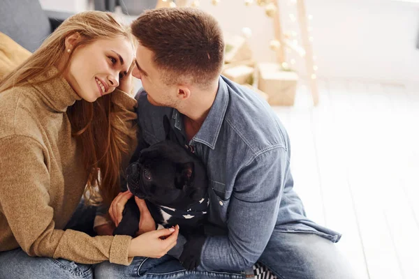 Feliz Jovem Casal Moderno Sentado Sofá Casa Com Árvore Natal — Fotografia de Stock