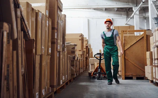 Young Male Worker Uniform Warehouse Pallet Truck — Stock Photo, Image