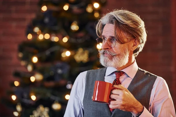 Gri saçlı ve sakallı son sınıf öğrencisinin portresi süslü Noel odasında bir bardak içkiyle duruyor..