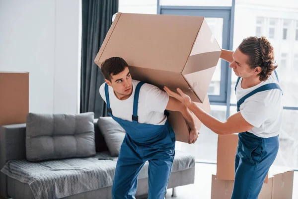 Ağır kutular. İçeride çalışan mavi üniformalı iki genç nakliyeci..