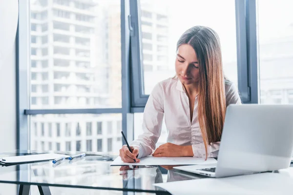 Busy Day Young Woman White Formal Clothes Indoors Modern Office — 스톡 사진