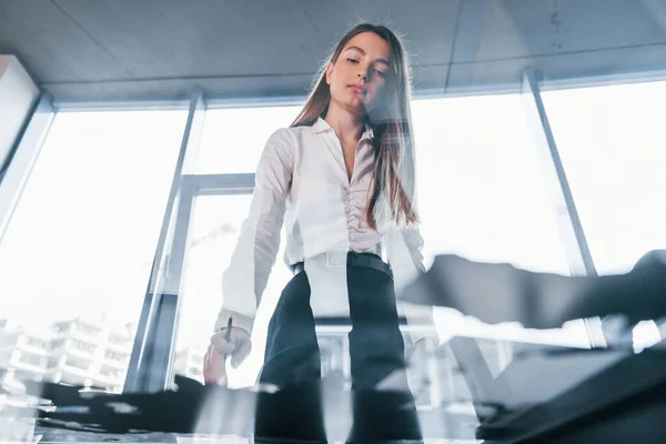 Busy Day Young Woman White Formal Clothes Indoors Modern Office — Stockfoto