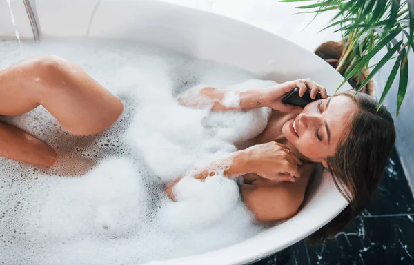 Top View Beautiful Young Woman Have Free Time Home Bath — Fotografia de Stock