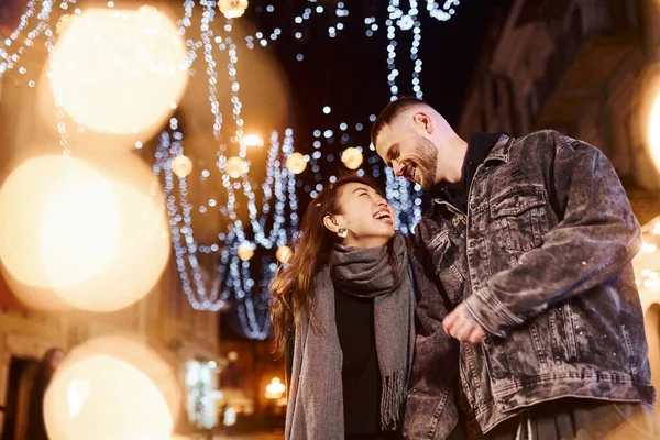 Happy Multiracial Couple Together Outdoors City Celebrating New Year — Foto Stock