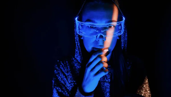 Portrait Young Girl Eyeglasses Blue Neon Lighting — 스톡 사진