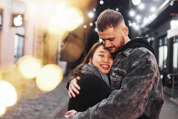 Embracing Each Other Happy Multiracial Couple Together Outdoors City Celebrating — ストック写真