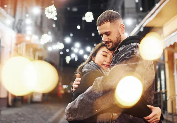 Embracing Each Other Happy Multiracial Couple Together Outdoors City Celebrating — ストック写真