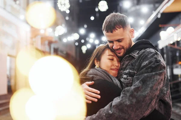 Embracing Each Other Happy Multiracial Couple Together Outdoors City Celebrating — ストック写真
