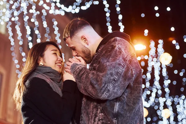 Happy Multiracial Couple Together Outdoors City Celebrating New Year — Stockfoto