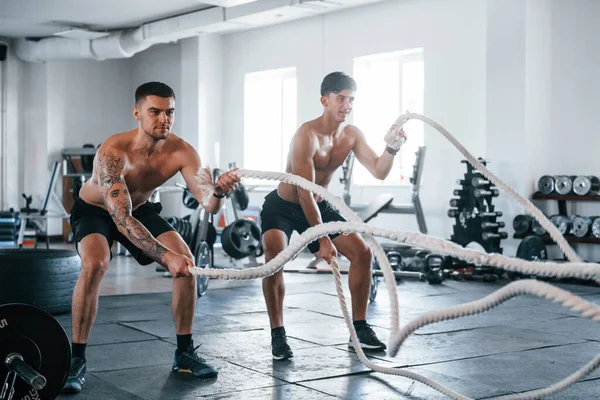 Spor vücutlu genç insanlar düğüm atarak çapraz uyum sağlıyorlar..