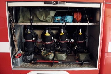 Oxygen balloons. Close up view of firefighter's equipment that is inside of the truck.