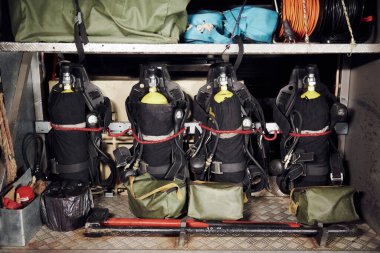Oxygen balloons. Close up view of firefighter's equipment that is inside of the truck.