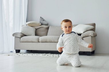 Neşeli küçük çocuk iyi eğlenceler. Gündüz vakti güzel, modern yatak odasının iç tasarımı ve tasarımı..