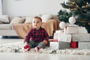 Şenlik kıyafetleri içinde şirin bir çocuk Noel ağacının yanında, yeni yılda evde..