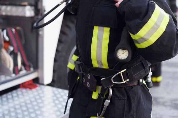 Female Firefighter Protective Uniform Standing Truck — Stock fotografie